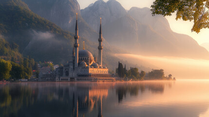 Magnificent mosque on the shore of a misty lake with mountains in the background at sunrise