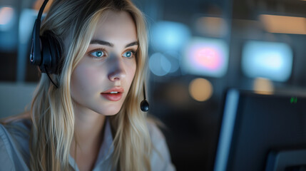 Young Woman With Headset Working at Computer in Dimly Lit Office, Representing Customer Support, IT Helpdesk, or Remote Communication