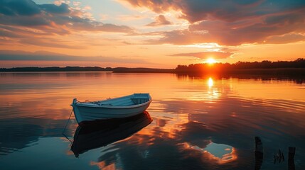 Experience the serenity of a boat sailing under the warm hues of a sunset, post golden hour. Nature's embrace. Ai Generated.