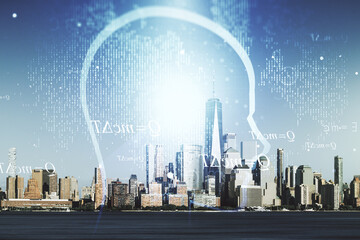 Abstract virtual artificial Intelligence interface with human head hologram on New York city skyline background. Multiexposure