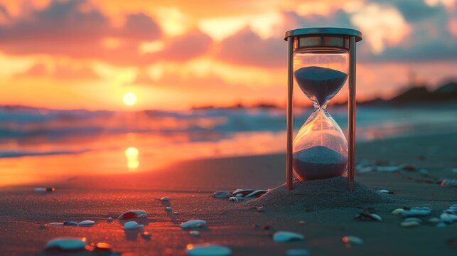 An hourglass rests on the beach, its sands gently falling against a breathtaking sunset backdrop. Ai Generated.