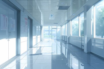 white hallway with glass doors anime steyl