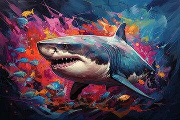Dynamic shark in pop art style, blending bold hues amidst an aquatic backdrop, Ai Generated
