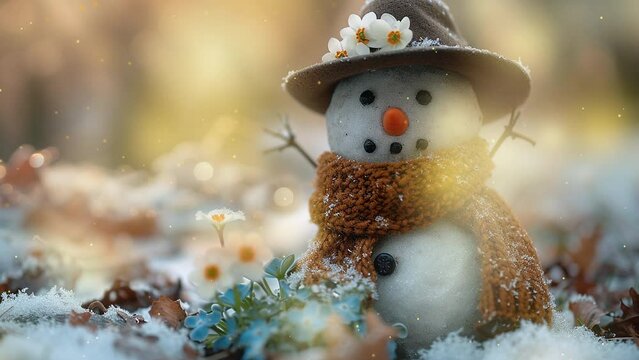 Snowman on the snow with flowers greets spring