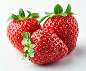 Juicy red strawberries on white background perfect for healthy. Close up of ripe sweet highlighting freshness and appetizing color. Macro photography of delicious and nutritious strawberry fruits
