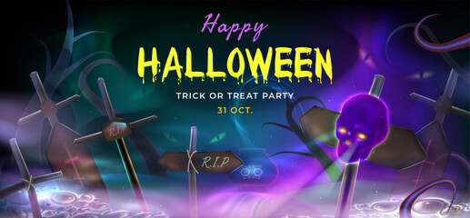 Dark Halloween background from  Realistic 3d design in cartoon style. Holiday banner, web poster, stylish flyer greeting card. Vector. Eps 10