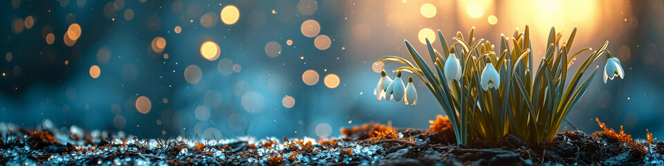 Snowdrops in Spring with Bluish Background and Mystical Blurred Lights - Banner Format