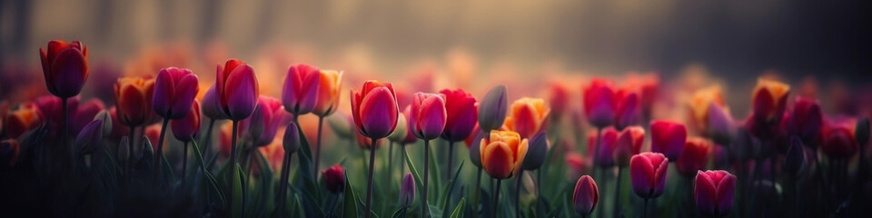 Mystical Tulips with Blurred Background and Beautiful Lights - banner size - obrazy, fototapety, plakaty