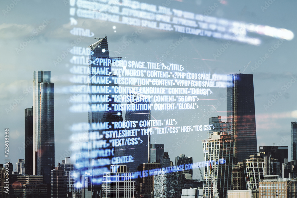 Leinwandbilder multi exposure of abstract creative coding sketch on new york city skyline background, artificial in