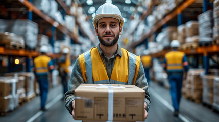 Employee in Yellow Safety Vest Holding Package - Portrait