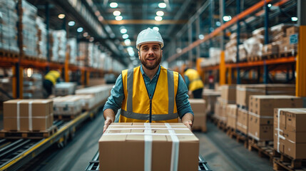 Employee in Yellow Safety Vest Holding Package - Portrait