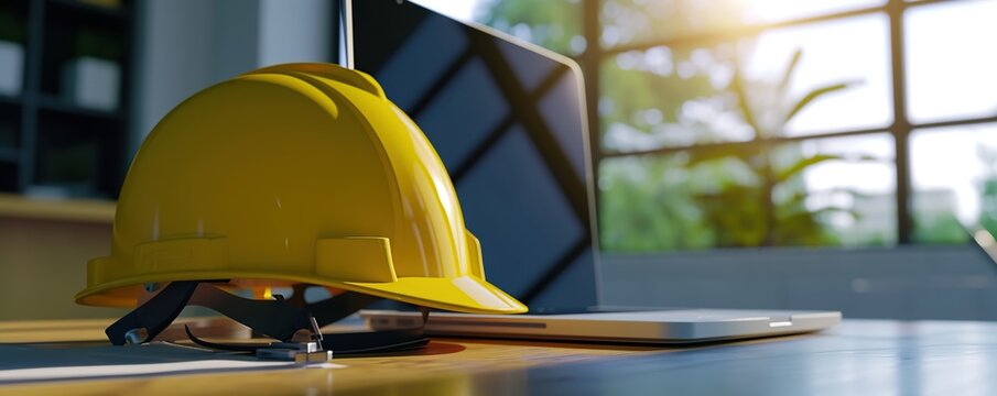 a yellow construction helmet on the table