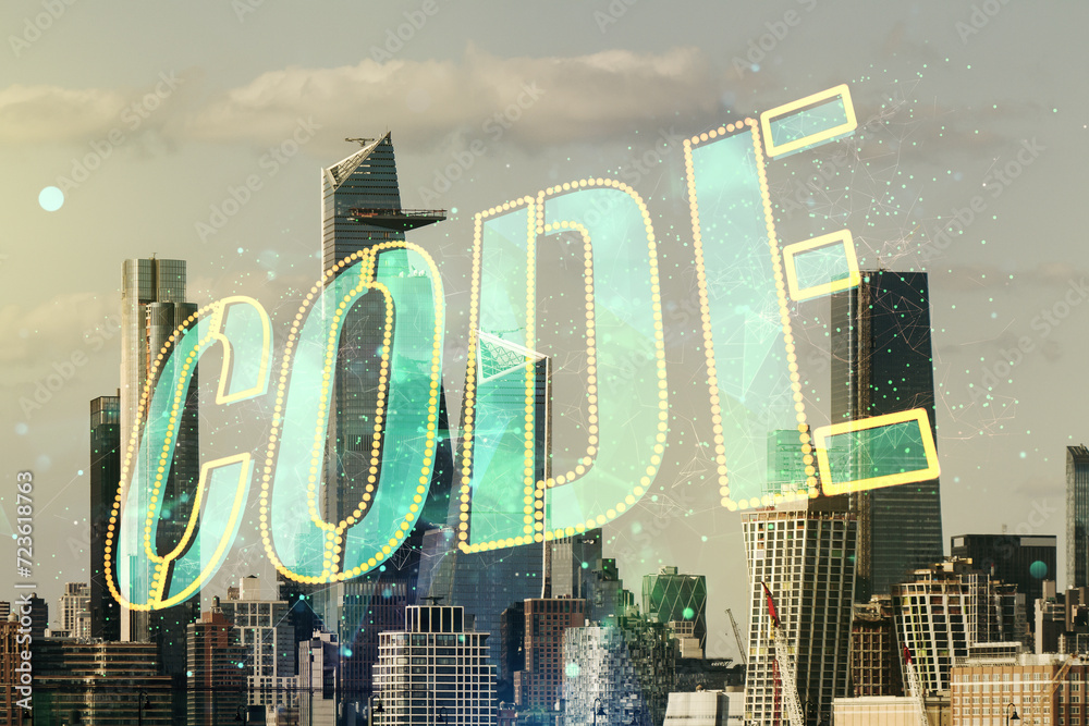 Poster code word hologram on manhattan cityscape background, artificial intelligence and neural networks co