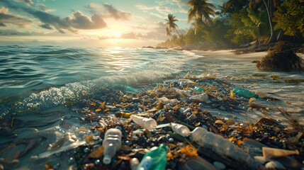 Sunset on a tropical beach overshadowed by the impact of pollution and trash. - obrazy, fototapety, plakaty