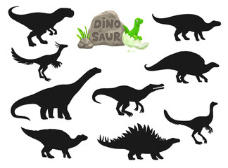 Dinosaur silhouettes. Archaeornithomimus, Dravidosaurus, Ouranosaurus and Probactrosaurus, Hypselosaurus, Alvarezsaurus paleontology animal, dinosaur or extinct lizard vector isolated silhouettes