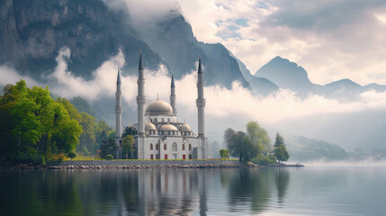 Fototapeta na wymiar Magnificent mosque on the shore of a misty lake with mountains in the background at sunrise