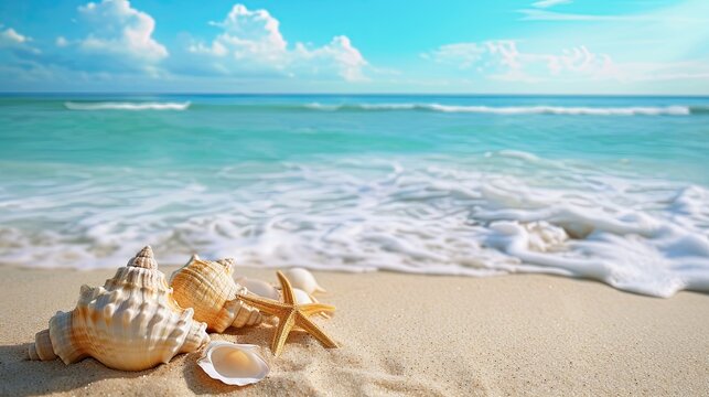 Starfish and seashells on seashore - beach holiday background.