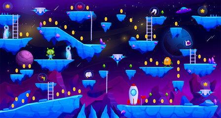 Arcade space planet game level map, vector interface with aliens and ice stone platforms. Golden coin bonuses, rocket shuttle or spaceship and alien Martians on ice rocks for arcade game background - obrazy, fototapety, plakaty