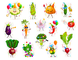 Cartoon funny vegetable characters on birthday holiday anniversary, vector party. Cute broccoli, carrot and spinach on happy birthday party celebration with balloons, Mexican pinata and confetti