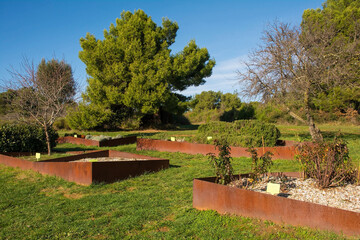 A public garden with herbs and plants from the Roman era in Vizula Archaeological Park on the Vizula Peninsula in Medulin, Istria, Croatia. December