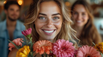 Naklejka premium Woman Holding a Bouquet of Flowers in Front of a Man