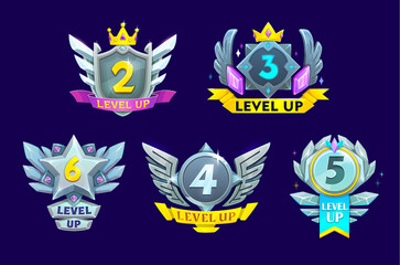 Game interface level up metal badges, steel win icons with wings and crystals, vector UI. Game level complete awards and rewards, silver shields, medals and prizes with rank stars, crowns and ribbons