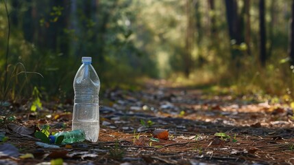 Obraz premium Discarded plastic litter amidst the forest environment.