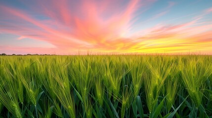 Lush green barley fields at sunrise with a vivid sky inspiring new beginnings