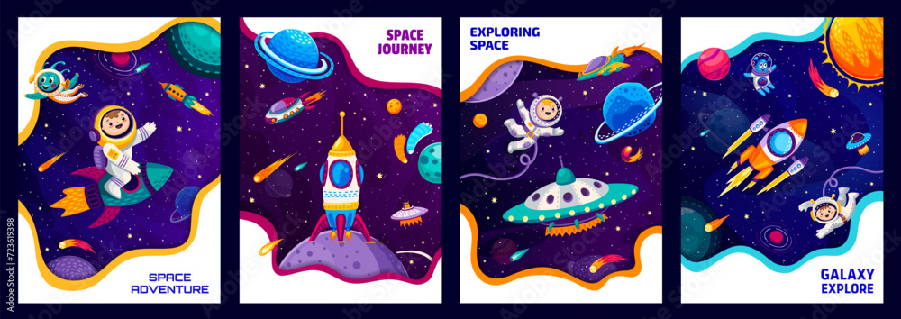 Poster space posters and flyers cartoon astronauts, ufo and aliens, spaceship and stars. vector vertical ca