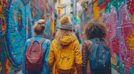 Obraz na płótnie Canvas Three Girls Walking Down a City Street With Backpacks On