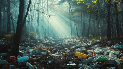 Discarded plastic litter amidst the forest environment. - obrazy, fototapety, plakaty