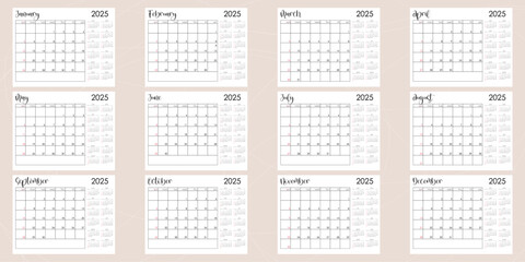 Bullet journal template. Monthly planer 2025. Week start from Sunday calendar. Ready to print 8,5x11 in pages. Vector illustration - obrazy, fototapety, plakaty