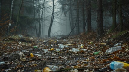 Discarded plastic litter amidst the forest environment.