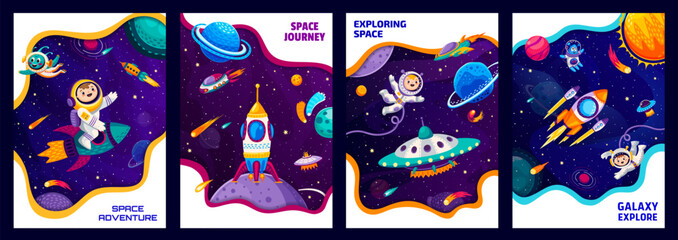 Space posters and flyers cartoon astronauts, ufo and aliens, spaceship and stars. Vector vertical cards with spacecraft and funny cosmonauts in starry universe or galaxy. Interstellar cosmic adventure