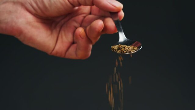 Cumin or jeera seeds on spoon close-up. Seasoning cumin or jeera. Spice for food