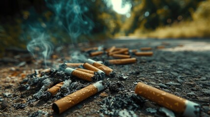 Photograph capturing the sight of discarded cigarette butts on the roadside.