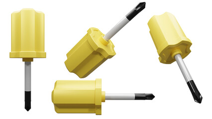 Set of 3D rendered yellow screwdrivers illustration on isolated background