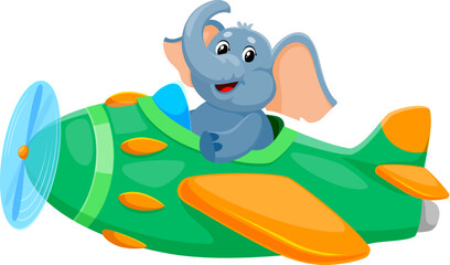 Cartoon elephant pilot on airplane, funny animal aviator in plane, vector character. Happy baby elephant flying on propeller airplane, funny zoo animal pilot or aviator toy for kids