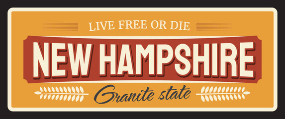 Vintage banner New Hampshire american state, vintage travel plate, vector sign for tourist destination, retro board, antique signboard typography, touristic plaque. Concord capital, Manchester city - obrazy, fototapety, plakaty