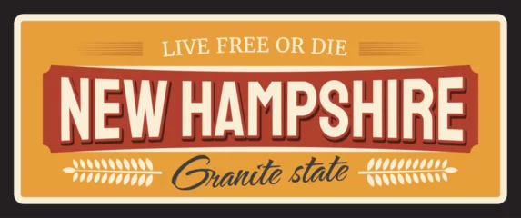 Afwasbaar Fotobehang Retro compositie Vintage banner New Hampshire american state, vintage travel plate, vector sign for tourist destination, retro board, antique signboard typography, touristic plaque. Concord capital, Manchester city