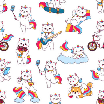 Cartoon cute caticorn cat and kitten characters seamless pattern. Kawaii unicorn cat, fairy caticorn or magical kitten cute personage vector pattern. Fantasy creature textile seamless background