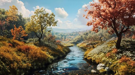 Obraz premium Picturesque Autumn Landscape with Tranquil Stream and Vibrant Fall Colors Illuminated by Sunlight
