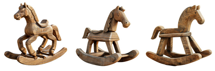 Wooden Rocking Horse Set Isolated on Transparent or White Background, PNG
