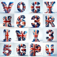 Glasss letters in color of United Kingdom flag. AI generated illustration
