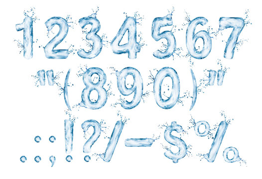 Liquid water numbers with splash bubbles, transparent type font, aqua typeface, wet english digits and signs. Isolated 3d vector realistic numerical and glyph symbols ripples with aquatic reflections