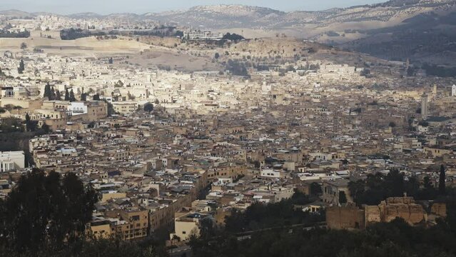 aerial panoramic of fez Morocco North Africa travel holiday destination with huge valley 