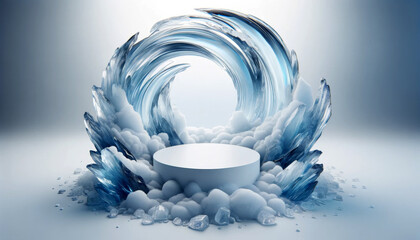 Circular empty display podium encircled by crystalline ice structures and snow