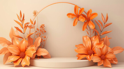 Orange flowers and leaves around a central empty white display podium against a soft peach background