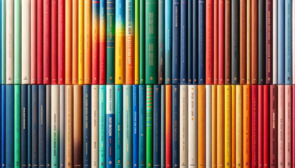 Close-up of a bookshelf background with colorful books