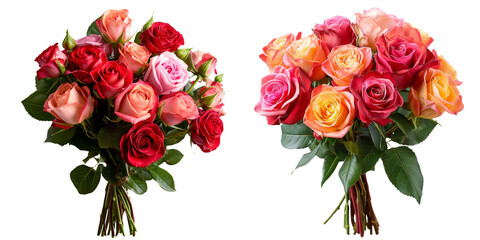 Vibrant Rose Bouquet Set Isolated on Transparent or White Background, PNG